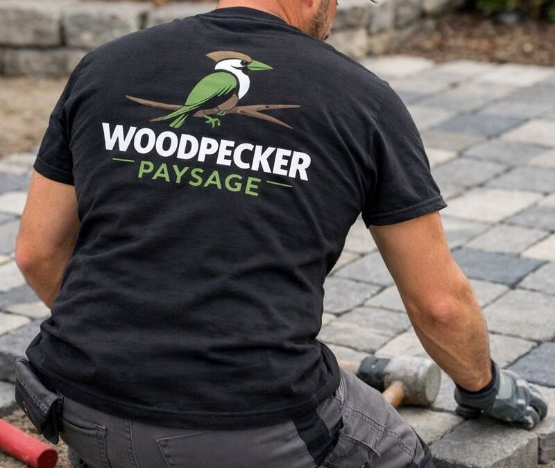 Poseur de pavés portant un tee-shirt Woodpecker Paysage avec logo pendant la création d’une allée pavée à Saint-Augustin 77515