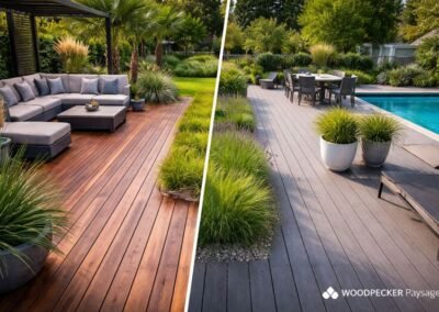 Comparatif terrasse en bois exotique et terrasse composite en Seine-et-Marne réalisée par Woodpecker Paysage