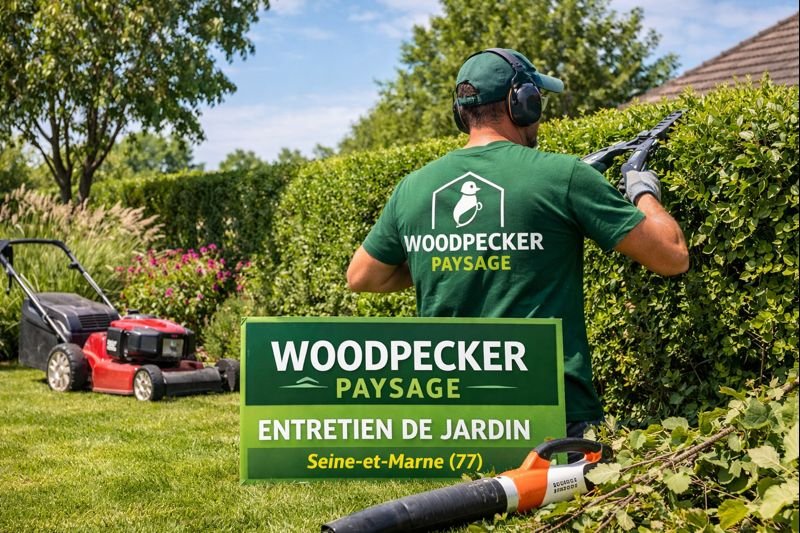 Entretien de jardin en Seine-et-Marne par Woodpecker Paysage avec taille de haie et tonte de pelouse chez un particulier