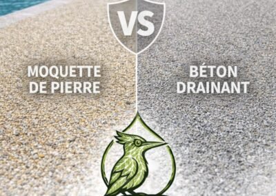 Poseur réalisant la mise en œuvre d’une moquette de pierre sur terrasse extérieure, logo Woodpecker Paysage en bas de page, chantier en Seine-et-Marne