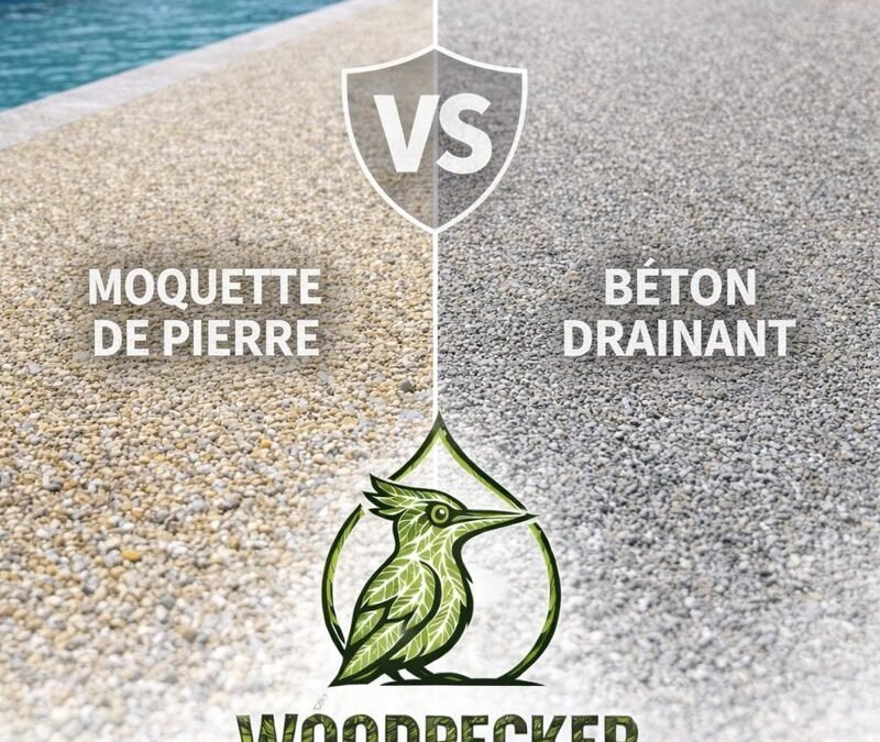 Poseur réalisant la mise en œuvre d’une moquette de pierre sur terrasse extérieure, logo Woodpecker Paysage en bas de page, chantier en Seine-et-Marne