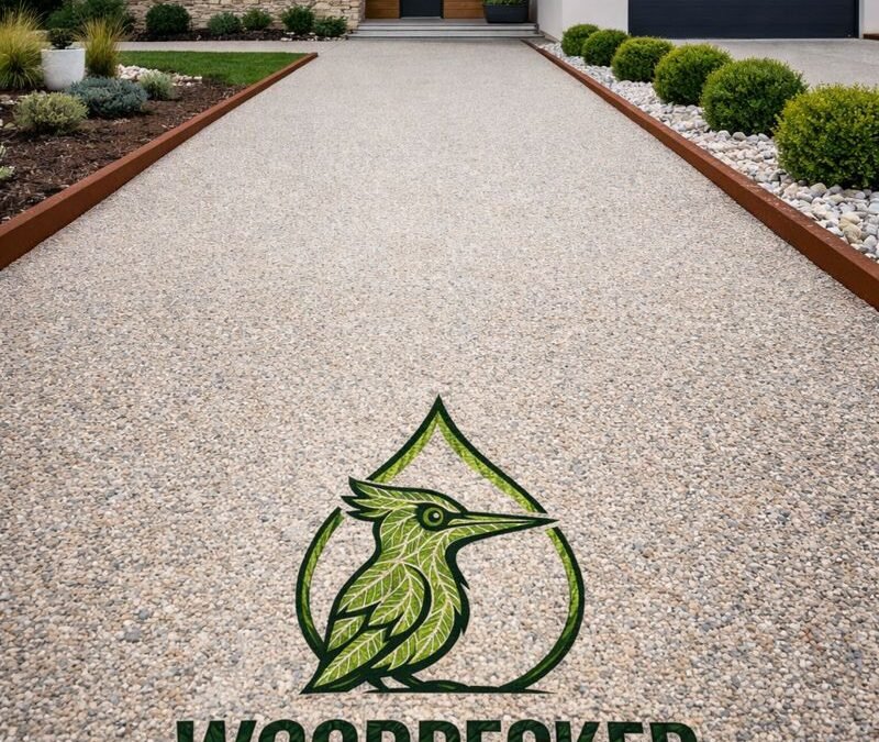 Allée de parking en moquette de pierre devant maison contemporaine en Seine-et-Marne 77 avec bordures en acier corten Woodpecker Paysagiste