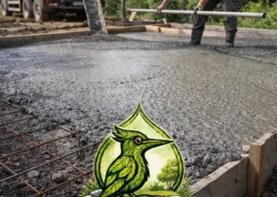 Création de dalle béton extérieure en Seine-et-Marne avec logo Woodpecker Paysage