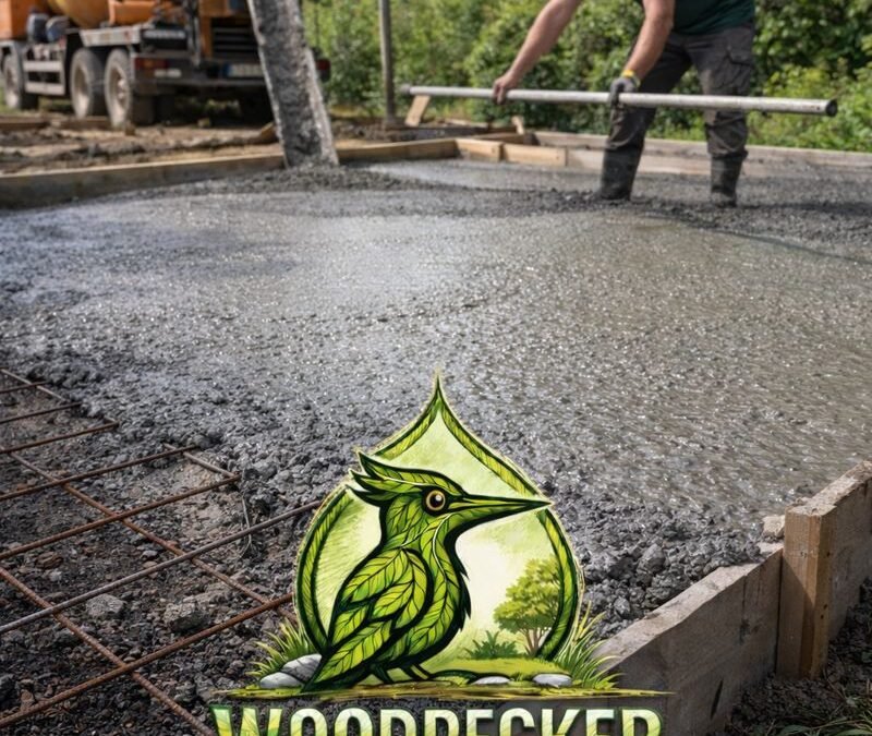 Création de dalle béton extérieure en Seine-et-Marne avec logo Woodpecker Paysage