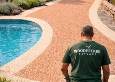 Poseur de moquette de pierre Woodpecker Paysage vu de dos réalisant une allée en résine drainante bicolore saumon et crème autour d’une piscine en Seine-et-Marne