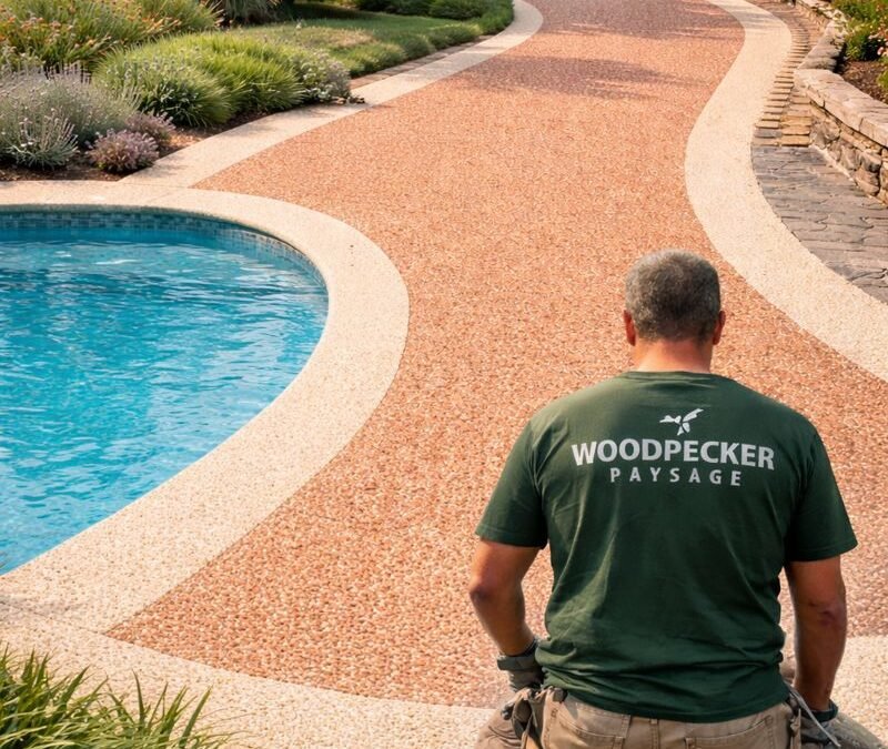 Poseur de moquette de pierre Woodpecker Paysage vu de dos réalisant une allée en résine drainante bicolore saumon et crème autour d’une piscine en Seine-et-Marne