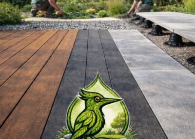 Création de terrasse bois, composite et céramique en Seine-et-Marne avec logo Woodpecker Paysage