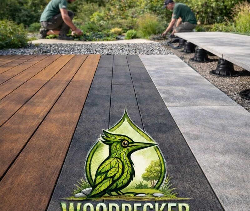 Création de terrasse bois, composite et céramique en Seine-et-Marne avec logo Woodpecker Paysage