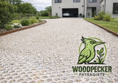 allée drainante en nid d’abeille avec gravier stabilisé et accès carrossable devant maison contemporaine