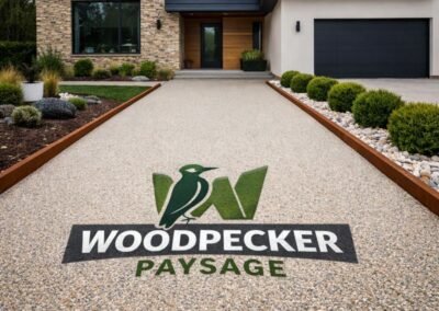 Allée de parking en moquette de pierre devant maison contemporaine en Île-de-France avec bordures en acier corten Woodpecker Paysage