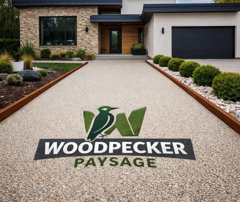 Allée de parking en moquette de pierre devant maison contemporaine en Île-de-France avec bordures en acier corten Woodpecker Paysage