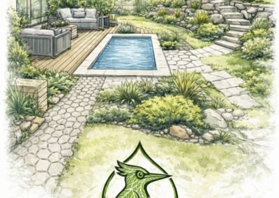 Croquis paysagiste représentant un projet de création paysagère avec terrasse, allée de jardin, piscine et plantations, logo Woodpecker Paysagiste en filigrane