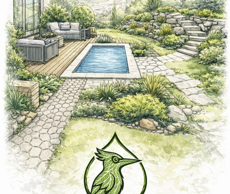 Croquis paysagiste représentant un projet de création paysagère avec terrasse, allée de jardin, piscine et plantations, logo Woodpecker Paysagiste en filigrane