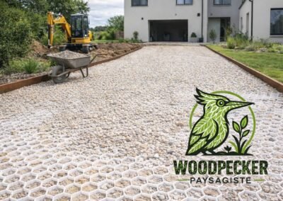 chantier d’allée carrossable en gravier stabilisé avec dalles nid d’abeille et mini pelle devant maison contemporaine