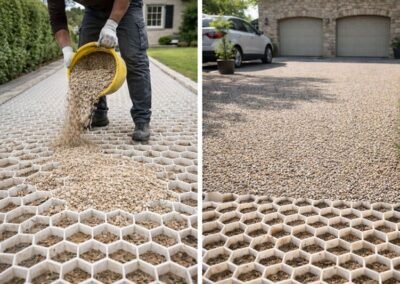 Pose de dalles nid d’abeille pour allée carrossable avec remplissage en gravier par Woodpecker Paysage en Seine-et-Marne – stabilisation d’allée extérieure