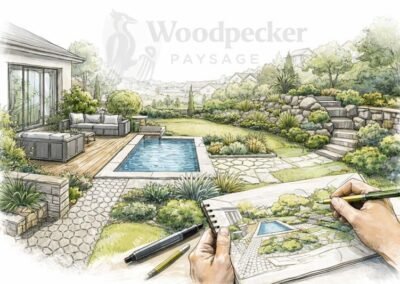 Esquisse paysagère style croquis représentant un projet d’aménagement extérieur avec terrasse, allée en nid d’abeille et jardin, logo Woodpecker Paysage en filigrane