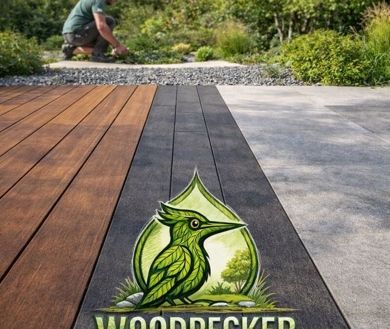 Terrasse bois, composite et céramique en Seine-et-Marne avec logo Woodpecker Paysage