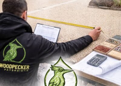 Technicien Woodpecker Paysage mesurant une terrasse en moquette de pierre avec échantillons de granulats et calcul du devis, chantier en Seine-et-Marne