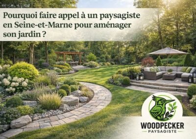 Aménagement paysager moderne réalisé par un paysagiste en Seine-et-Marne avec allée en pierre naturelle, terrasse et jardin paysager – Woodpecker Paysage
