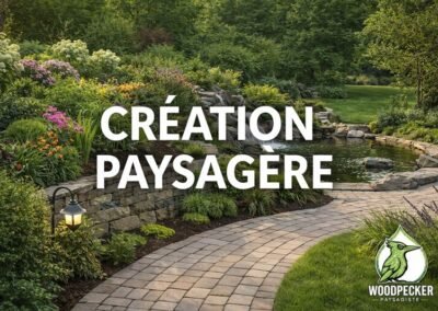 Création paysagère moderne en Seine-et-Marne par Woodpecker Paysage avec allée en pavés, massif fleuri, terrasse et aménagement extérieur haut de gamme