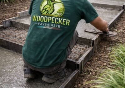 Paysagiste réalisant un escalier en dalle béton dans un jardin en Seine-et-Marne avec tee-shirt Woodpecker