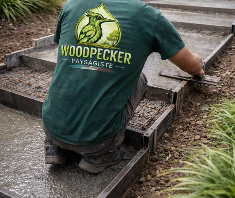 Paysagiste réalisant un escalier en dalle béton dans un jardin en Seine-et-Marne avec tee-shirt Woodpecker