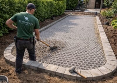 Création d’une allée de jardin en nid de gravier avec dalles alvéolées, gravillons fins et chaînette périphérique en pavés Kandla en Seine-et-Marne