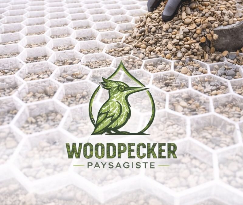 Pose de gravier dans dalles nid d’abeille pour allée carrossable par paysagiste en Seine-et-Marne