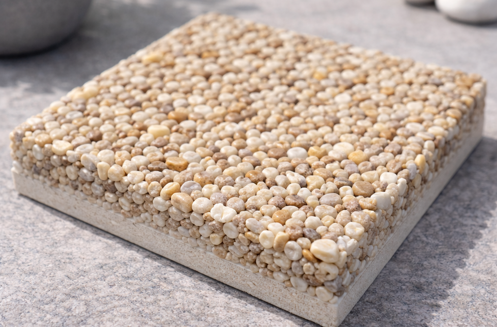 Échantillon de moquette de pierre beige en granulométrie fine 2/4 roulé avec résine drainante en Seine-et-Marne 77