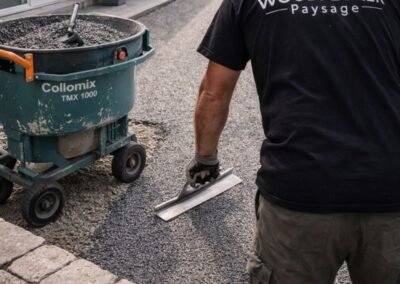 Paysagiste en Seine-et-Marne réalisant un tapis de pierre gris à petite granulométrie avec malaxeur et lisseuse inox