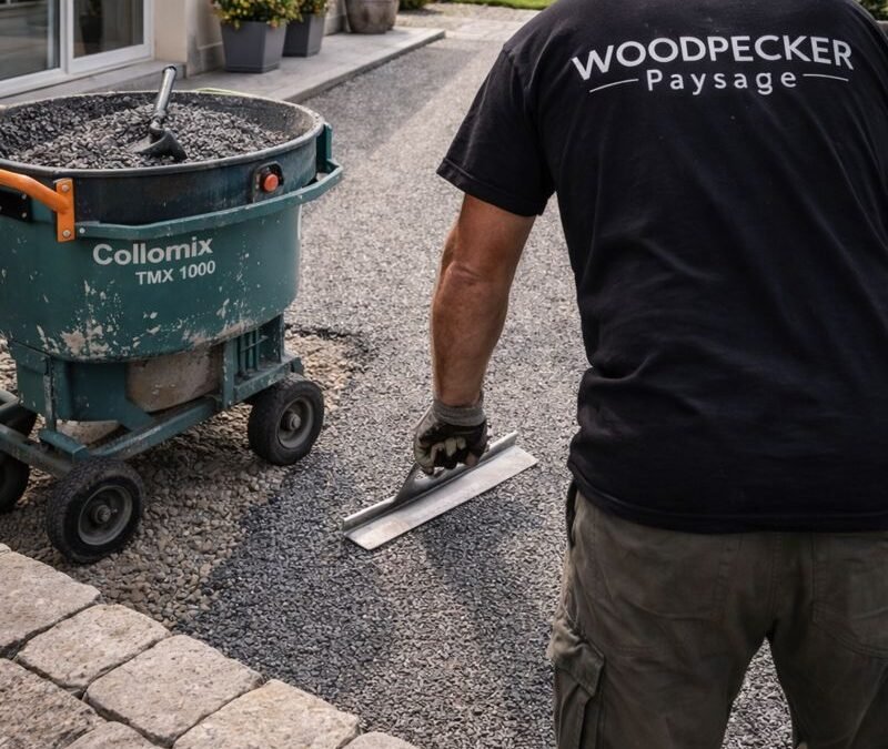Paysagiste en Seine-et-Marne réalisant un tapis de pierre gris à petite granulométrie avec malaxeur et lisseuse inox