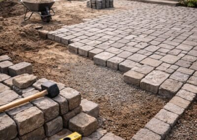 Allée en pavés en cours de construction sur fondations par un paysagiste en Seine-et-Marne avec préparation du sol et réglage