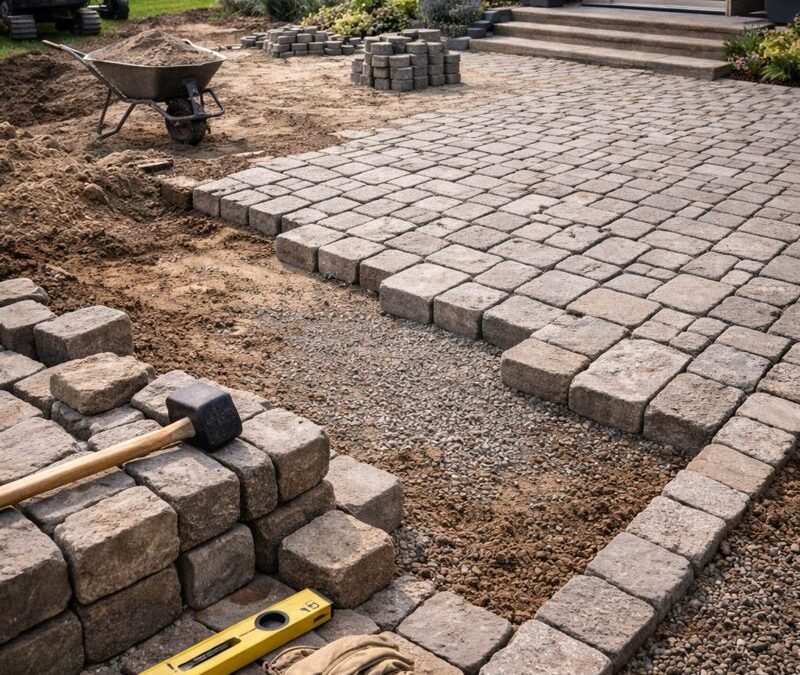 Allée en pavés en cours de construction sur fondations par un paysagiste en Seine-et-Marne avec préparation du sol et réglage