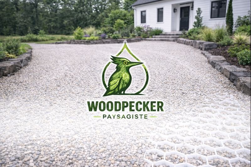 Allée carrossable en gravier stabilisé avec plaques nid d’abeille devant maison réalisée par Woodpecker Paysage