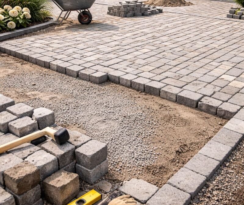 Allée en pavés en cours de construction sur chape par un paysagiste en Seine-et-Marne avec fondations et réglage