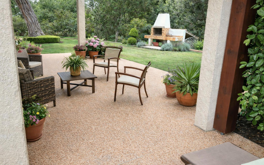 Terrasse en résine drainante moquette de pierre en Seine-et-Marne réalisée par Woodpecker Paysage