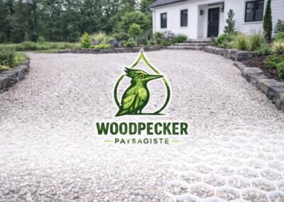 Allée carrossable en gravier stabilisé avec plaques nid d’abeille devant maison et logo Woodpecker Paysage