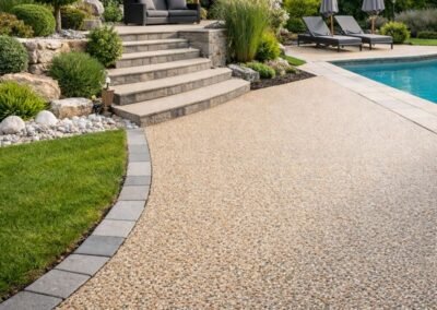 Moquette de pierre en Seine-et-Marne réalisée par un paysagiste pour une allée et une terrasse autour d’une piscine