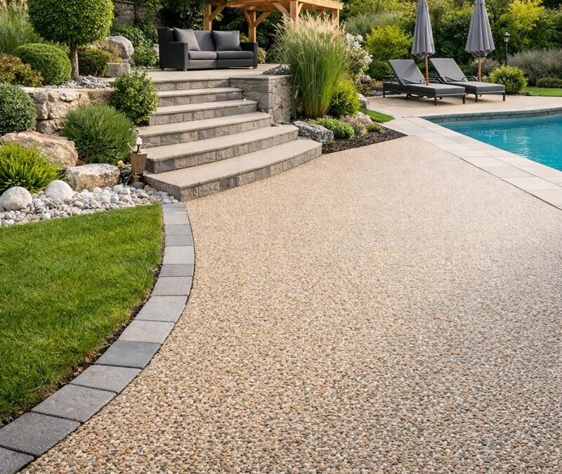 Moquette de pierre en Seine-et-Marne réalisée par un paysagiste pour une allée et une terrasse autour d’une piscine