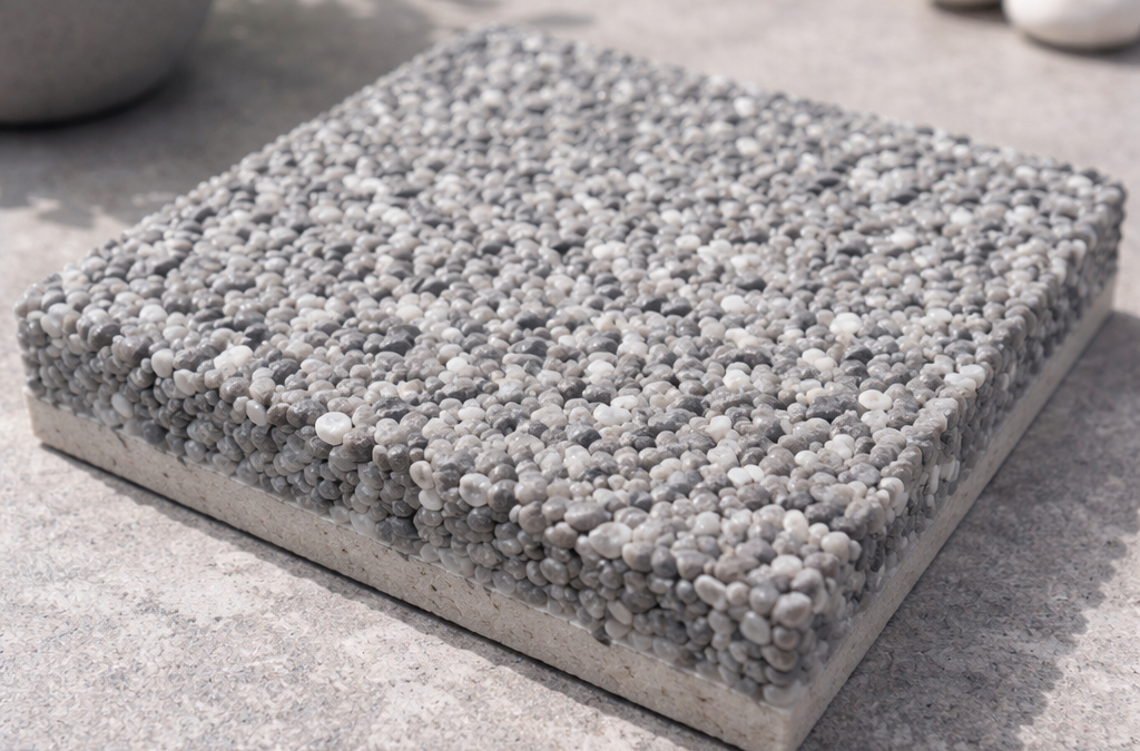 Échantillon de moquette de pierre gris souris en granulats de marbre et résine drainante en Seine-et-Marne 77