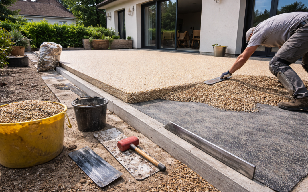 Terrasse en moquette de pierre beige drainante à Bussy-Saint-Georges en Seine-et-Marne