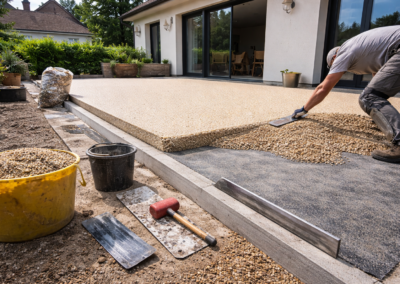 Terrasse en moquette de pierre beige drainante à Bussy-Saint-Georges en Seine-et-Marne