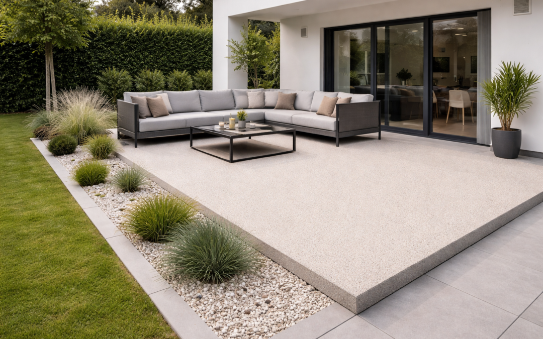 Terrasse en moquette de pierre beige drainante réalisée en Seine-et-Marne 77