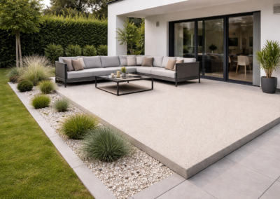 Terrasse en moquette de pierre beige drainante réalisée en Seine-et-Marne 77