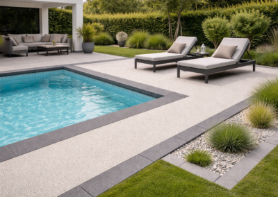 Plage de piscine en moquette de pierre gris clair avec bandeau périphérique anthracite en Seine-et-Marne 77