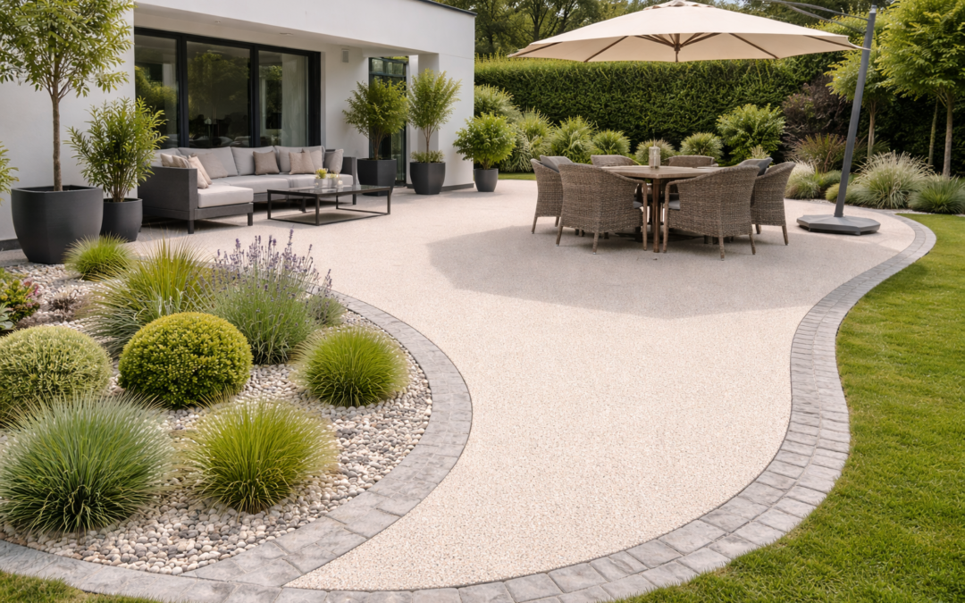 Terrasse courbe en moquette de pierre beige avec bordure pavée gris foncé en Seine-et-Marne 77