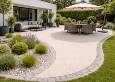 Terrasse courbe en moquette de pierre beige avec bordure pavée gris foncé en Seine-et-Marne 77