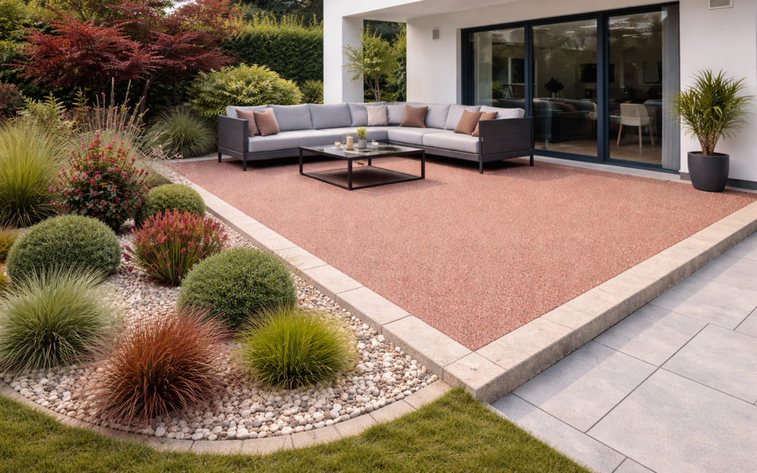 Terrasse en moquette de pierre rouge terracotta drainante à Serris 77700 en Seine-et-Marne