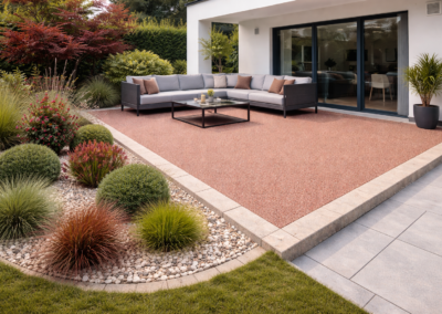 Terrasse en moquette de pierre rouge terracotta drainante à Serris 77700 en Seine-et-Marne