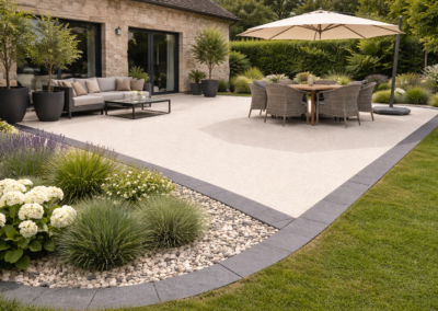 Terrasse en moquette de pierre blanc crème avec liseret périphérique gris foncé en Seine-et-Marne 77